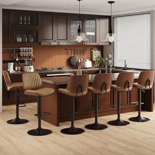 Image of MALOL Bar Stools Set of 6, Adjustable Counter Height Bar Chairs 26 inch-34.5 inch with Swivel & Footrest, Modern Faux Leather Barstools for Kitchen Island, Dining Room,Pub,Brown