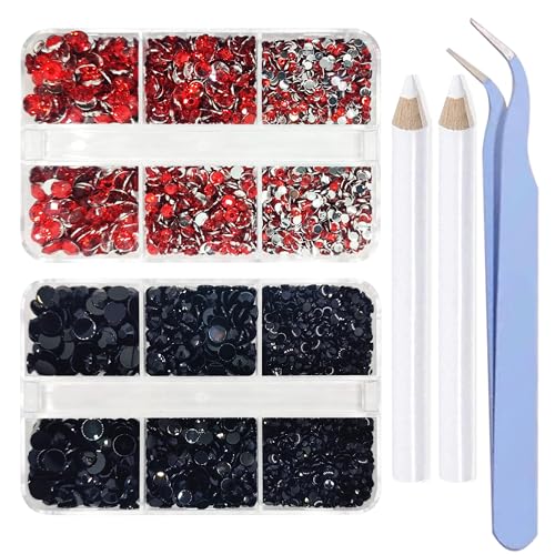 8000 Pieces Red & Black Non Hotfix Flat Back Gems Round Resin Rhinestones Kit 4 Mixed Sizes（2-5mm） with Picking Pen and Tweezer for Nails Crafts Makeup Eyes DIY Christmas Gift Clothes Phone Bottles