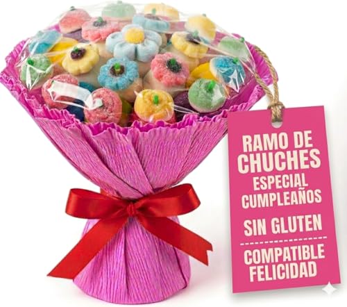 Ramo de Chuches Sin Gluten Tarta de Chuches Original para Cumpleaños Comunión y Boda Regalo Artesanal Hecho a Mano España Niñas Madres Abuelas Tamaño Mediano
