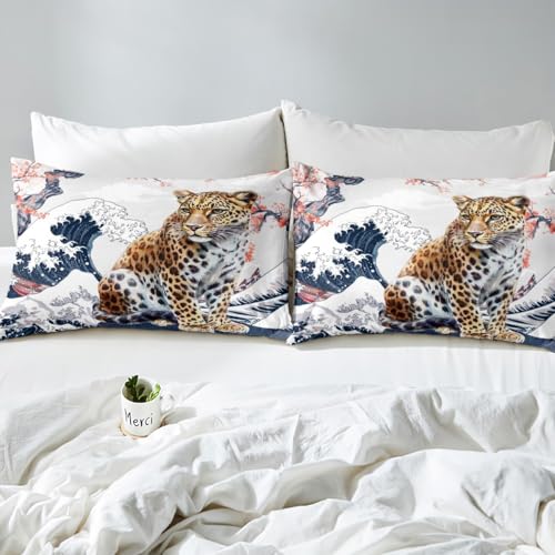 Housse de couette léopard et océan pour une chambre style japonais ukiyoe