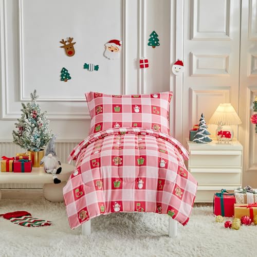 Image of Christmas Toddler Bedding Set for Boys Girls Red White Plaid Colorful Holiday 4PC Toddler Bed Set - Cute Toddler White Bed in a Bag with Snowman Socks GIF Box