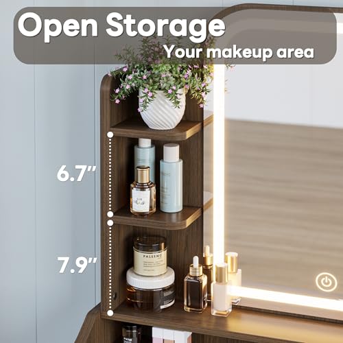 Image of LIKIMIO Small Vanity Desk with Mirror Lights and Storage Stool | Walnut compact vanity with 3 light modes, charging station, storage drawer, 3 shelves and upholstered stool