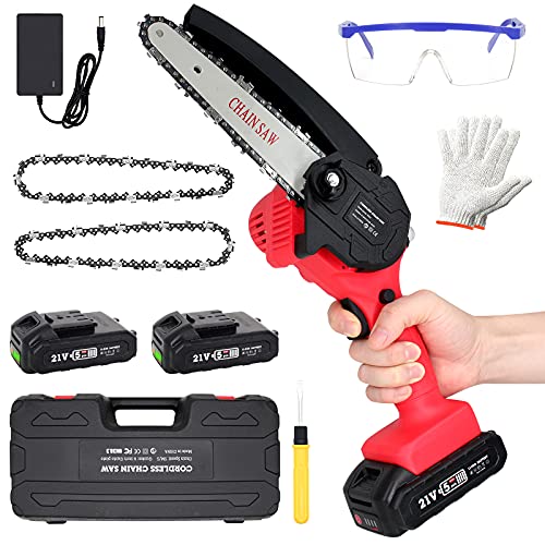 Pafieo Akku Kettensäge 6 Zoll, Mini Kettensäge mit Akku, mit 2 Batterien, 2 Ketten und Sicherheitsschloss, Akku…