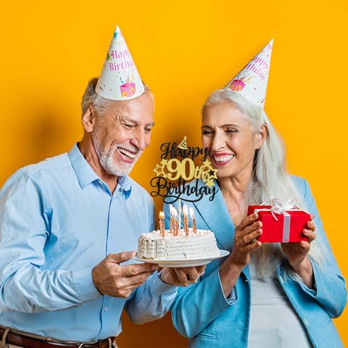 Image of Confetti! Glittering 90th Birthday Cake Topper with Star Hat - Cheers to 90 Years! Fabulous Cake Decorations for Elders 90th Birthday & Anniversary Party Supply