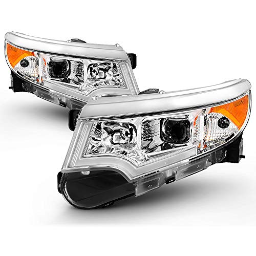 [For 2011-2014 Ford Edge Halogen Models] OLED Neon Tube Chrome Housing Projector Headlight Housing Headlamp Assembly Replacement, Driver & Passenger Side