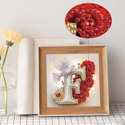 Image of AiYuanzsh 5D Diamond Art Kits for Adults Letter F, Floral Rose & Dove Themed Crystal Rhinestones Diamond Painting, DIY Luxury Initial Diamond Art for Romantic Wall Decor 17x17cm