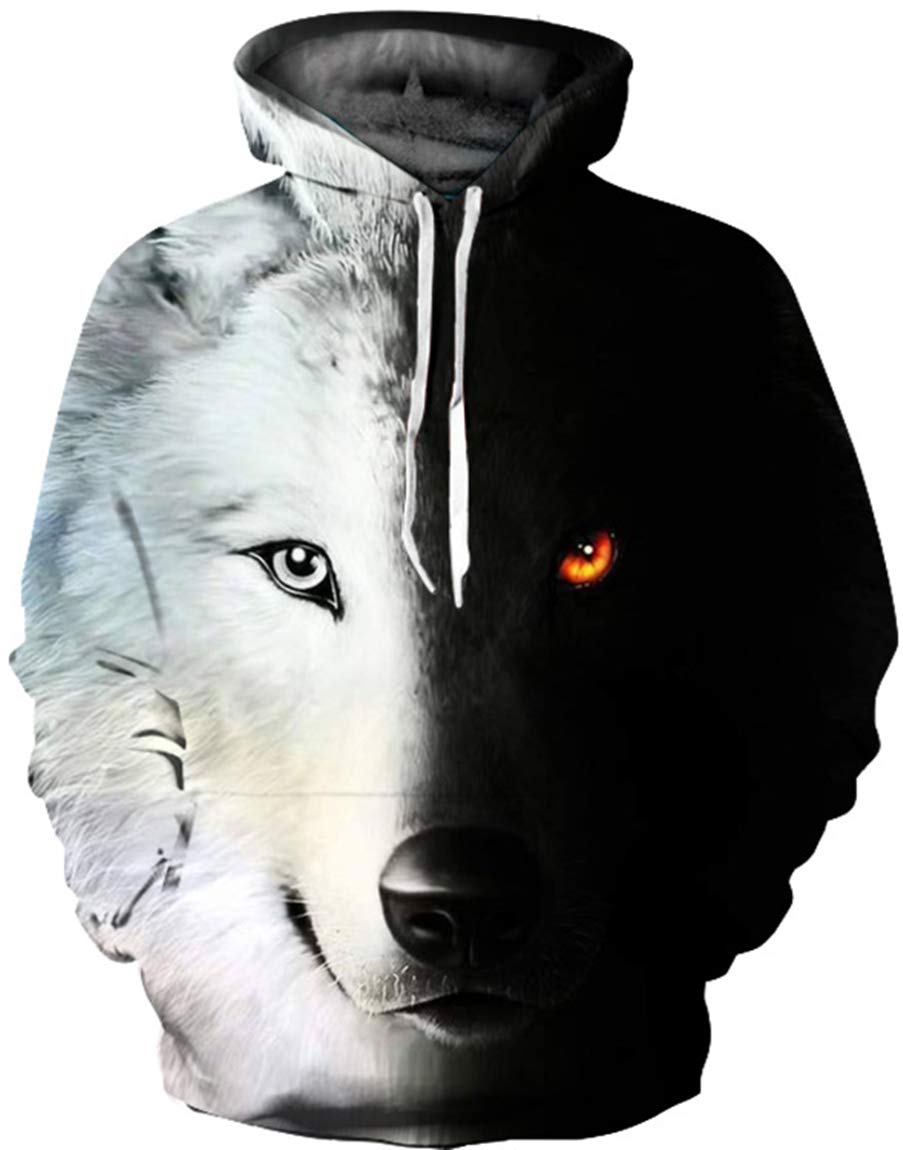 Ocean Plus Men's Hooded Pullover Long Sleeve Pullover Wolf Tiger Hooded Hoodie (S/M (Chest: 112-132CM), Black and white wolf)
