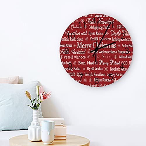 Colorsum Silent Round Wall Clock Christmas Multilingual Merry Christmas Red Background Quality Quartz Battery Operated Wall Clocks，Bedroom Decorative Round Wall Clock 11.8 Inch #TOP5