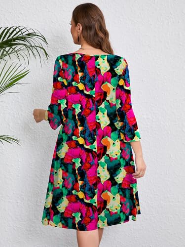 Image of AusLook Women's Plus Midi Dresses Crew Neck A Line 3 /4 Sleeves Casual Elegant Loose Wedding Vacation Dress with Pockets
