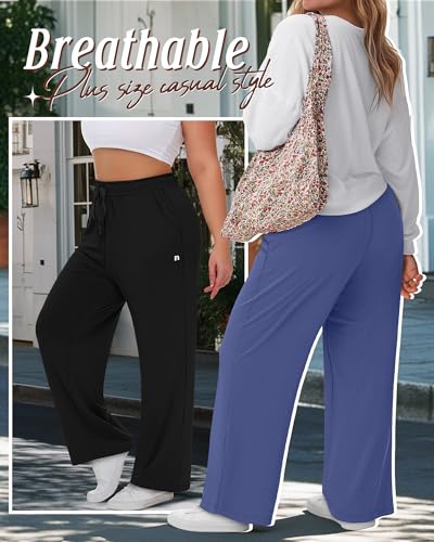Neer 3 Pack Women's Plus Size Pants, Wide Leg Casual Cotton High Waist Sweatpants Lounge Drawstring Trousers with Pockets(Black, Apricot, Denim Blue,XX-Large)4