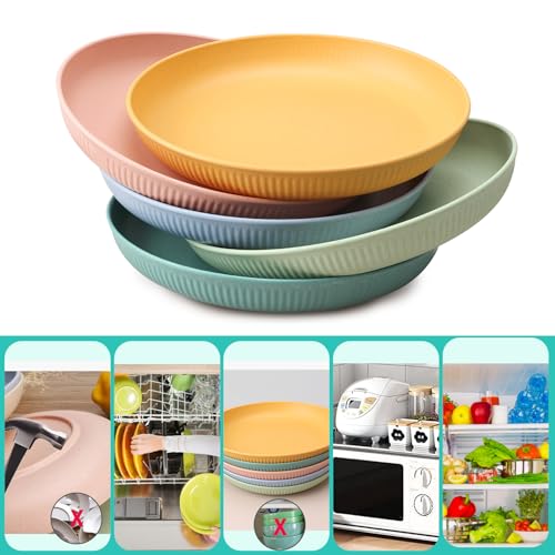 HQCM 5 Stück Wiederverwendbar Camping Teller, 23cm Großer Kompakter Hartplastik Teller​Tiefe Speiseteller Unzerbrechlich Picknickteller Set Mikrowelle Spülmaschinenfest für Party Zuhause Reise, Bunte
