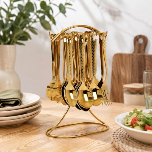 Image of Premium Stainless Steel, 25-Piece Cutlery Set for Kitchen & Table (6 Dessert Table Spoons, 6 Forks, 6 Tea Spoons, 6 Soup Spoons, 1 Storage Stand) (25, Golden)