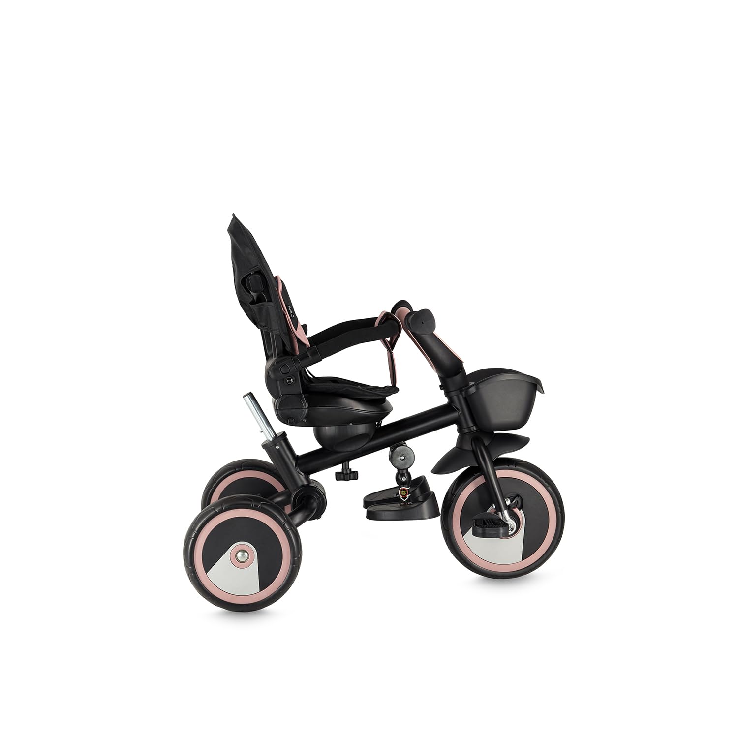 Triciclo per bambini MoMi IVI, seduta girevole 360°, cinture a 3 punti, poggiapiedi, tettuccio parasole, ruote EVA, manubrio regolabile, borsa e cestino portaoggetti
