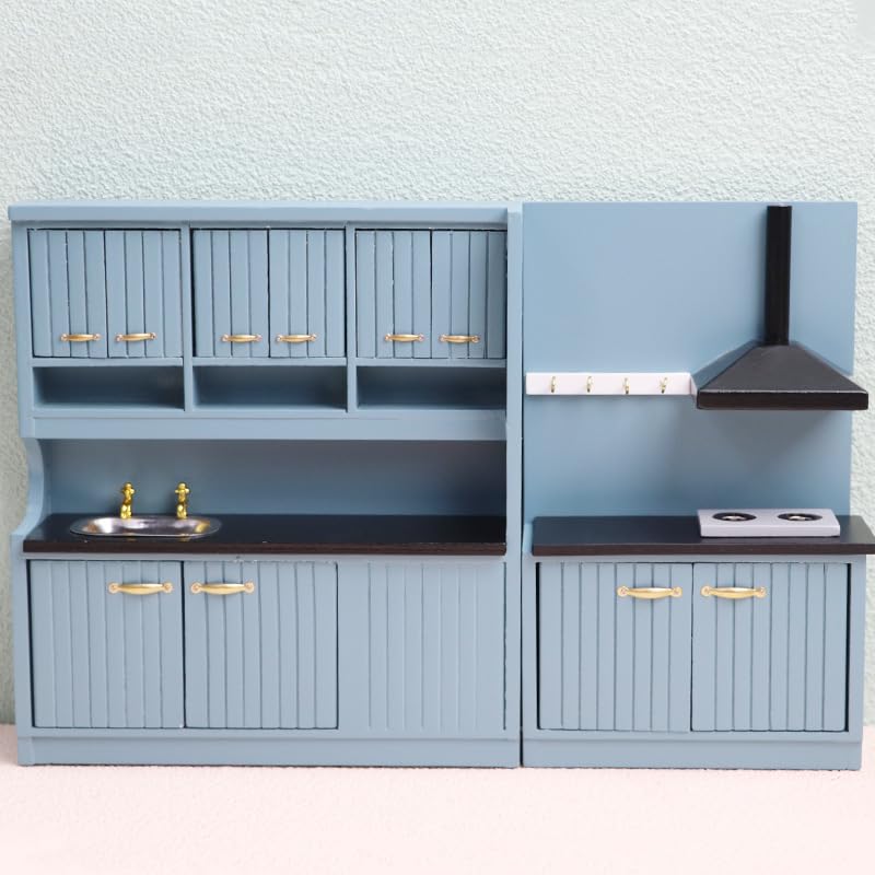 Mobiletto da cucina in scala 1/12 per casa delle bambole, mini tavolo in miniatura con piano cottura e lavandino, mini accessori in legno per sala da pranzo, decorazione per casa delle bambole