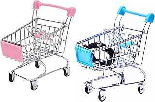 DOYIFUN Mini Supermarket Handcart 2 Pcs Mini Shopping Cart Supermarket Handcart Shopping Utility Cart Mode Desk Storage Toy Holder(Pink&Light Blue)