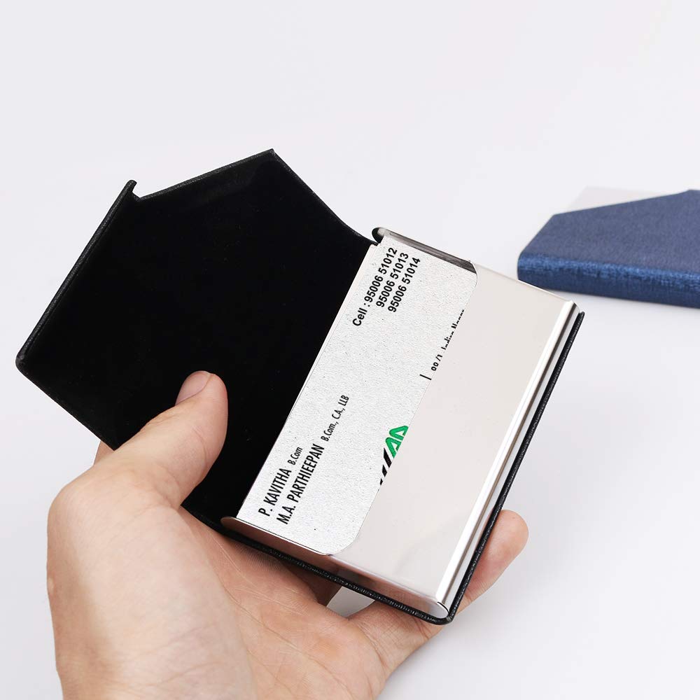 homEdge - Porta biglietti da visita, sottile, professionale, confezione da 2, in pelle di poliuretano e alloggiamento per biglietti da visita in acciaio inox, per viaggi e affari, nero e blu