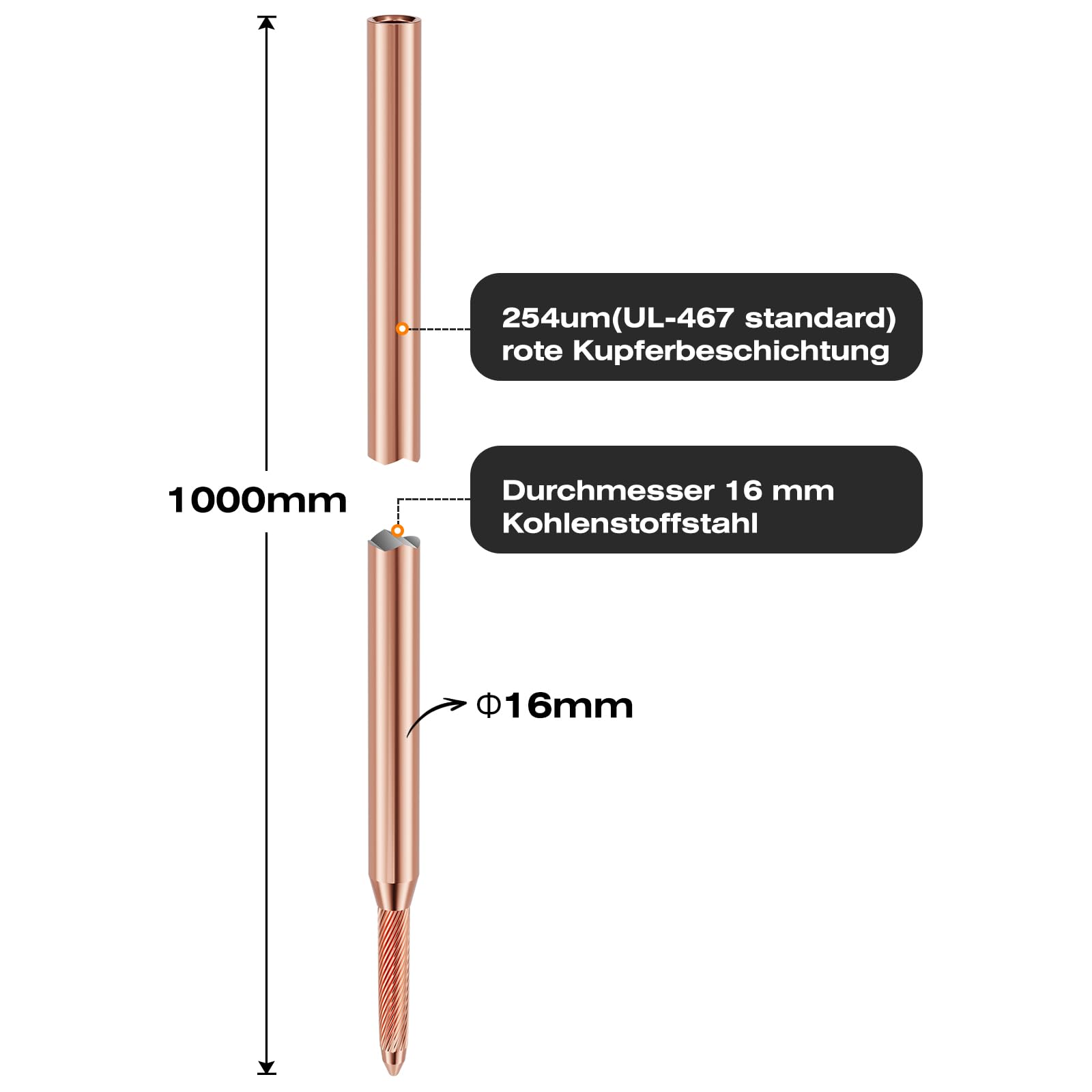Ground Spike Set Kupferbekleidet 3m Durchmesser 16 mm - Tiefe Erdstange mit Kreuzverbinder & Korrosionsschutzband | Für PV-Anlagen, Blitzschutz & Elektroinstallatio (16mm x 3 meters)
