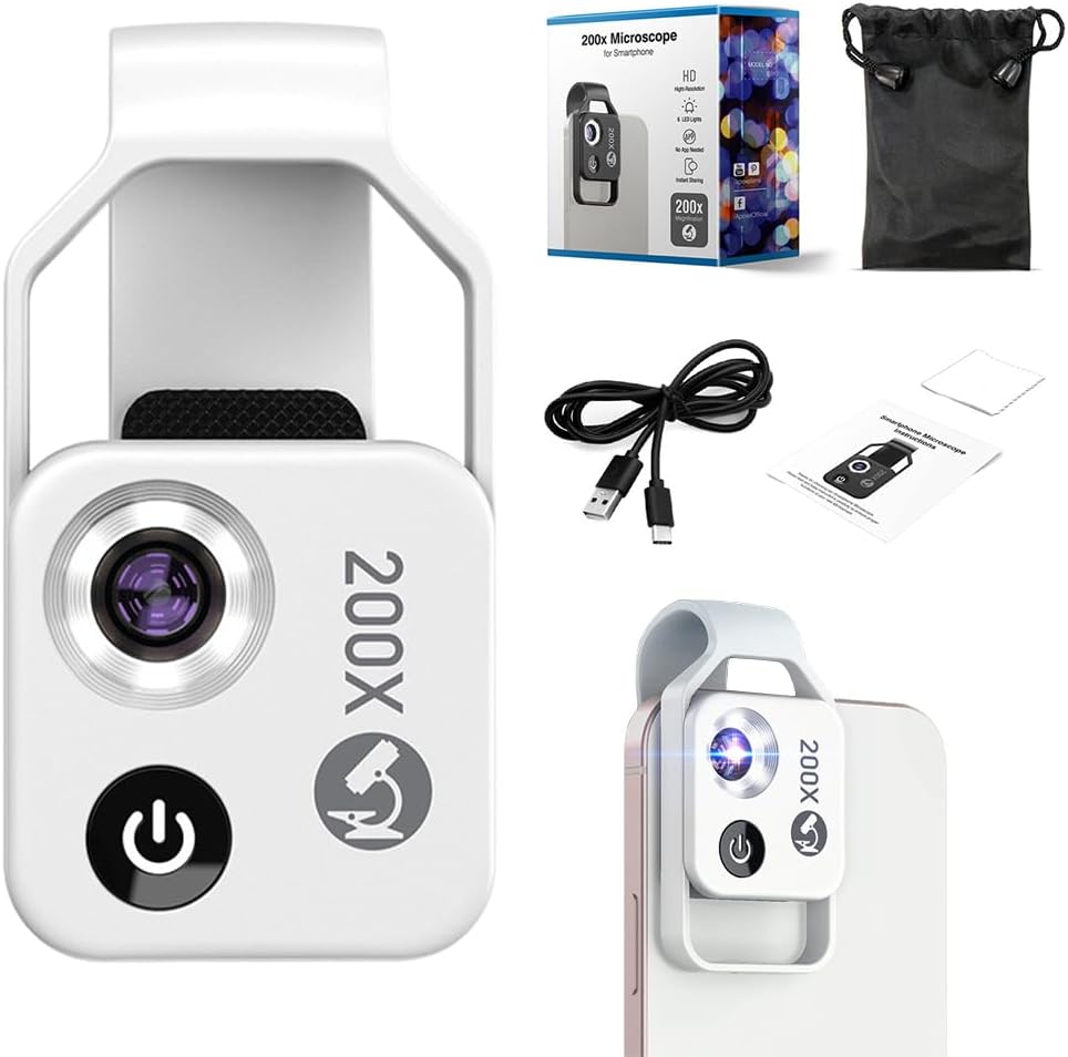 Zoom 200x for iPhone, 2025 New 200x Magnification Zoom with CPL Lens, 3 in 1 Portable Smartphone HD Microscope Zoom Lens Attachment for iPhone and Android (White)
