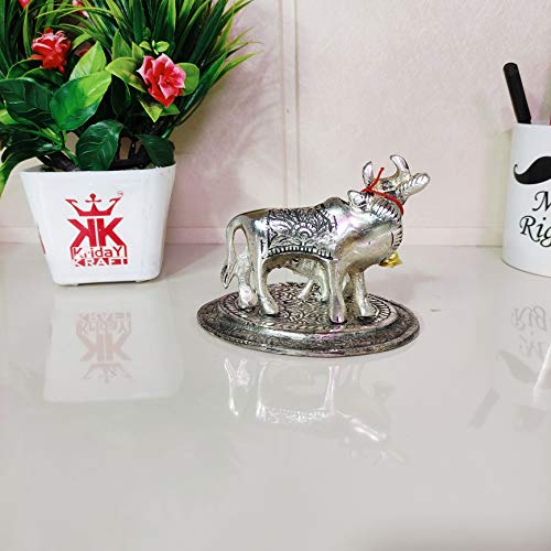 Image of KridayKraft Kamdhenu Cow,Calf with Bal Gopal Krishna Metal Statue for Good Luck,Feng Shui As Table Top Figurine,Vastu,Religious Gau MATA Idol Home,Office&Table (Silver, Small)