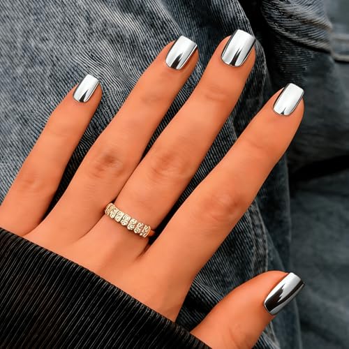 JOYVVEW Chrome Press on Nails Short - Gel Press On Press On Nails Square Glossy Metallic Sliver Fake Nails with Shiny Mirror Finish Thick Quality Reusable Stick On Nails for Party Prom 30 Pcs