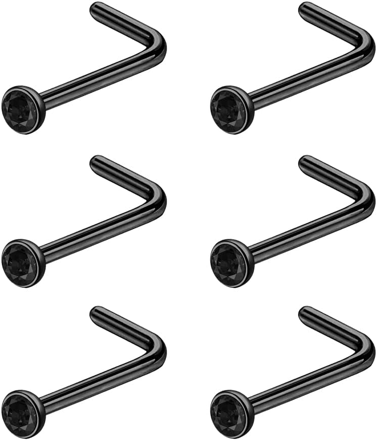 6pcs 20g Nose Studs Black Rose Gold Stainless Steel L Shaped | Corkscrew Design, 3mm CZ, For Women Men, Nostril Piercing Jewelry
