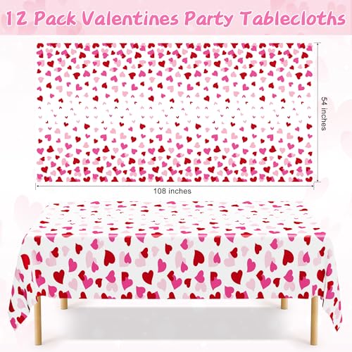 Image of 12 Pack Valentines Plastic Tablecloth, 54 inch x 108 inch Valentines Decorations, Heart Disposable Red Pink Valentine's Tablecloths Love Party Favors, Love Decorations Table Decor for Birthday Party Supplies
