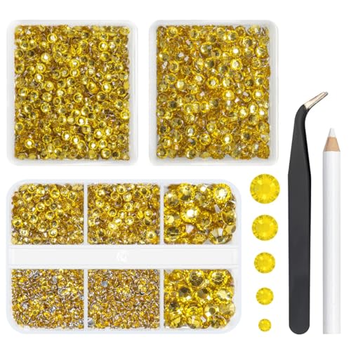 qiipii 3 Boxes 5070PCS Crystal Yellow Resin Rhinestones for Crafting 2mm 3mm 4mm 5mm 6mm Gems Stones Crystals Diamonds Charms Supplies for Nails Face Eyes Makeup Body Tumblers Mugs DIY Crafts Clothes