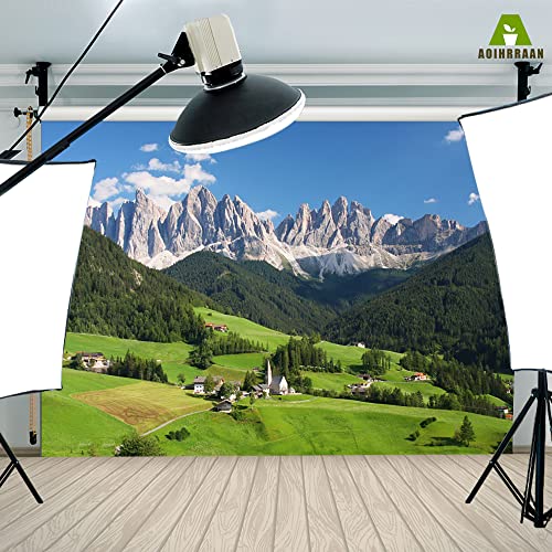 Aoihrraan 3,5x2,5m European Alps Landscape Backdrop Swiss Mountains Green Forest Prairie Blue Sky Resort Photography Background Holiday Travel Party Wedding Portrait Wallpaper Photo Studio Props - Image 4