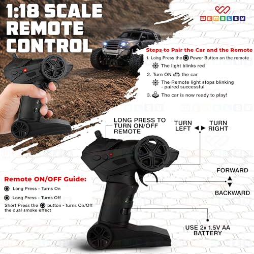 Image of Wembley Defend Climbing Remote Control Car for Kids 4-12 Years, 1:18 RC Monster Truck 2WD with Dual Spray Smoke, LED Lights, 2.4GHz Long Range, Alloy Body Off Road Car, Type C Rechargeable SUV