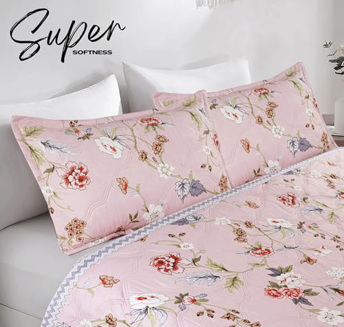 Image of Amazon Brand - Umi 100% Cotton Quilted /Ultrasonic 280 Tc Printed King Size Soft Bed Cover /Bedsheet /Bedspread Comforter with 2 Pillow Shams /Cover, (Luxurious, 90 x100 inches, Pink & Beige & White)