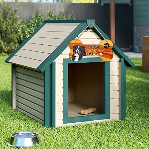 Image of CVANU Laser Cut MDF Wooden Funny Dog Sign Plaque Bone Design A Spoiled Bernese Mountain Dog Lives Here Animal Love Sign Board, Name Plate for Dog House Black & White, Size(10x5) inch