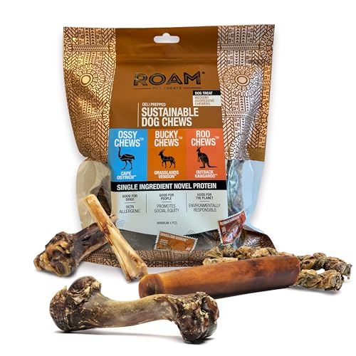 ROAM Pet Treats Ostrich Venison & Kangaroo Chews for Dogs Dog Treat Variety Pack - Dog Chews for Medium to Aggressive Chewers
