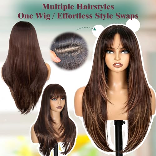 FLORVAE Long Brown Highlight Layered Wig with Bangs for Women,4x4 Realistic Scalp,Free Parting,26 Inch Layered Hairstyle Synthetic Heat Resistant for Daily Party Use — view 5