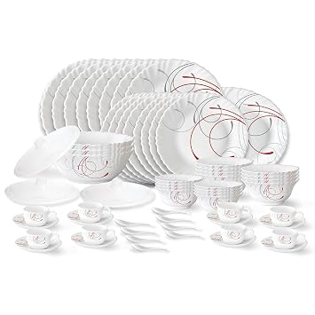 Larah by Borosil Boro Fluted Series Opalware Dinner Set | 63 Pieces for Family of 8 | Microwave & Dishwasher Safe | Bone-Ash Free | Crockery Set for Dining & Gifting | Plates & Bowls | White