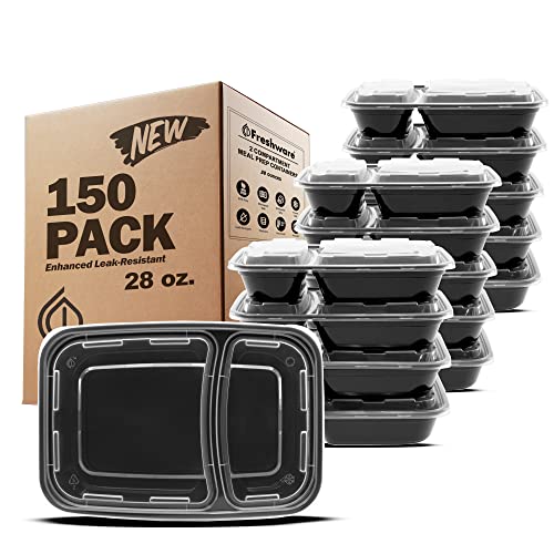 Freshware Meal Prep Containers [150 Pack] 2 Compartment with Lids, Food Storage Containers, Bento Box, BPA Free, Stackable, Microwave/Dishwasher/Freezer Safe (28 oz)
