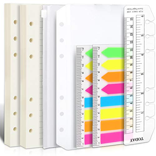 2 Pack A6 Refill Paper, 80 Sheets/Pack, 2Pcs Binder Pockets A6 Size 6 Holes, 2 Pack 160 Pieces Neon Index Tabs, 1 Pcs Ruler Clear Page Marker, LEOBRO A6 6 Holes Refillable Lined Craft Paper Set