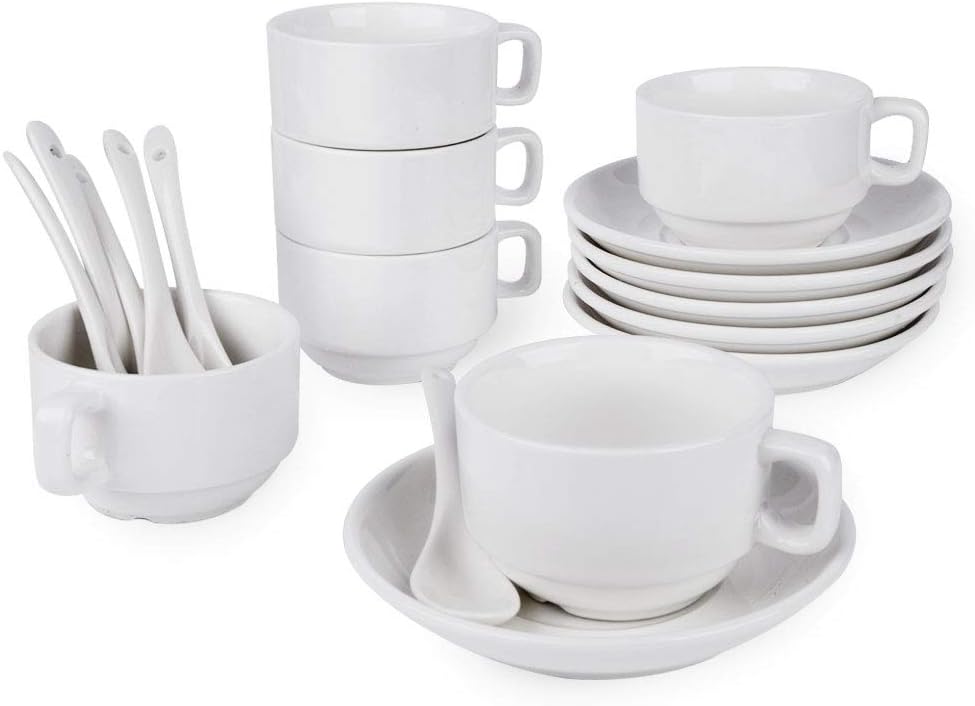 18-Piece Espresso Cups with Saucers and Spoons, 3oz Demitasse Cups, Fine White Porcelain, Stackable Espresso Coffee Mug Sets- for Specialty Coffee Drinks, Latte, Cafe Mocha and Tea-Set of 6