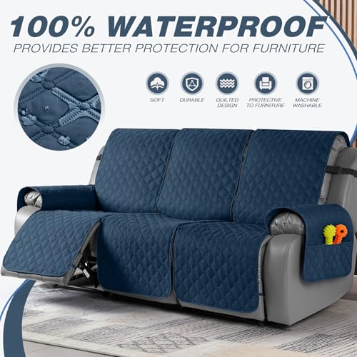 Image of TAOCOCO 100% Waterproof Recliner Covers, Recliner Sofa Covers with Leg Straps, Reversible Recliner Couch Cover for Reclining Chair, Washable Couch Protector for Pets Kids(3 Seater, Ocean Blue)
