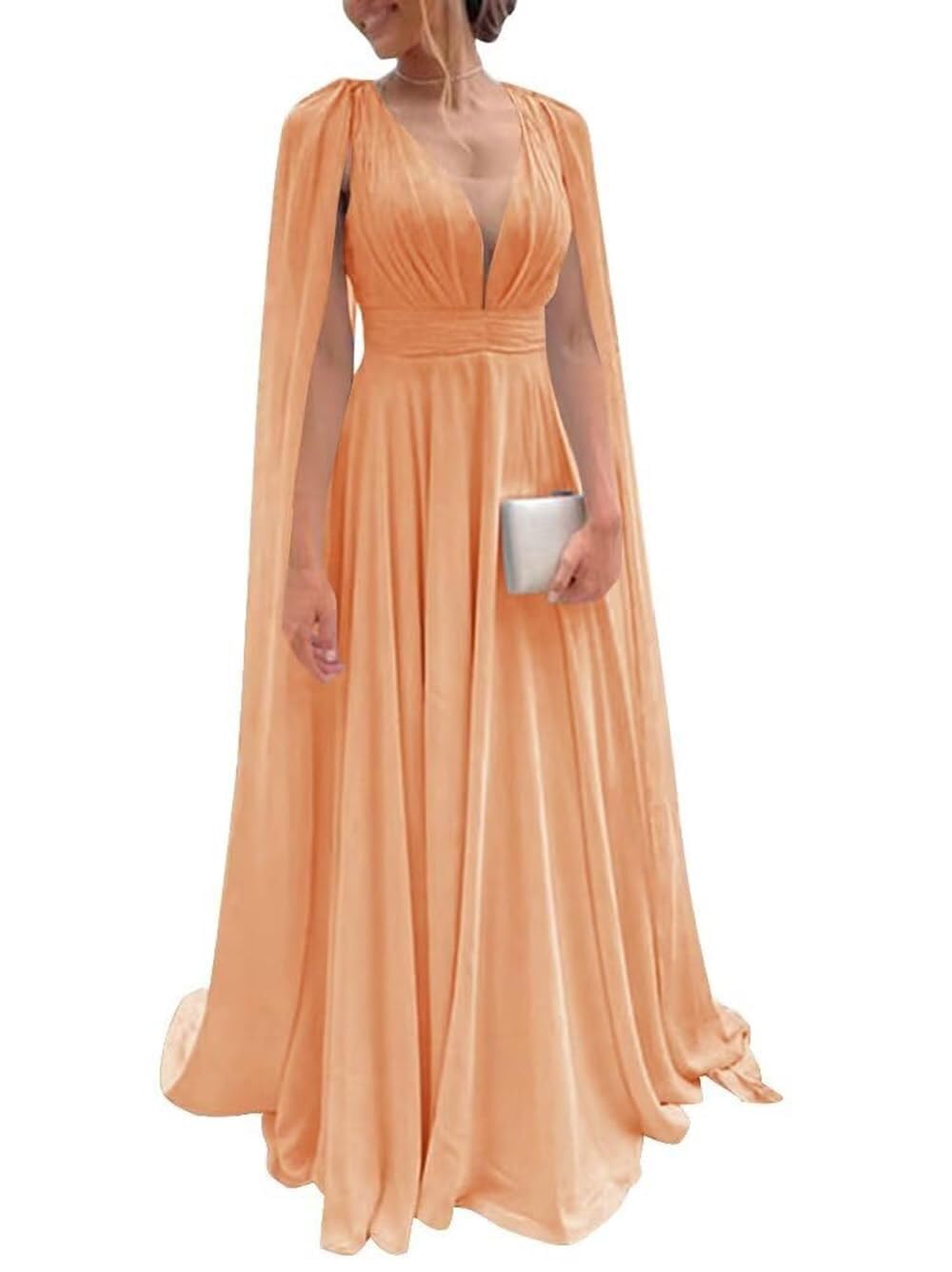 Chiffon Bridesmaid Dress for Women Cape Sleeve V-Neck Formal Evening Gowns with Pocket LBC020