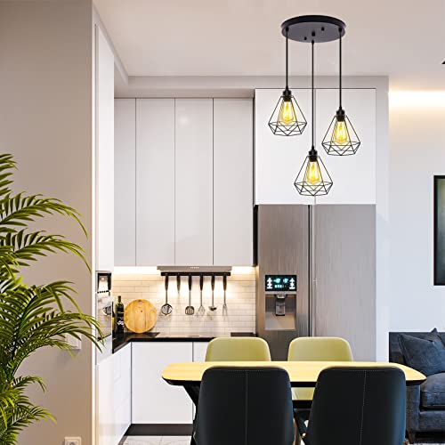 Jose2015 Industrial 3-Light Pendant Lighting,Adjustable Hanging Pendant Light Fixture Metal Caged Vintage Pendant Light Fit For Kitchen/Dining Room/Bedroom/Hallway,E26 Base thumb #4