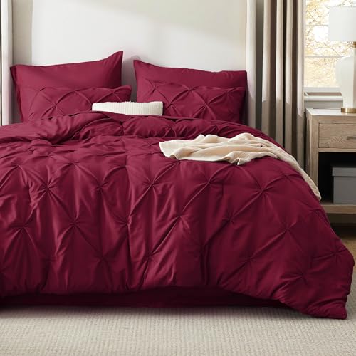 Image of Bedsure Queen Comforter Set Dark Red - Bed in a Bag Queen Size Bedding 7 Pieces, GentleSoft Pintuck Bed Set Gift for Family, All Season Down Alternative Comforter with Sheets, Pillowcases & Shams