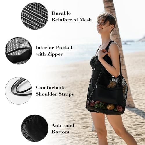 Image of Tavaleu Mesh Beach Bag, Beach Bags for Women, Woven Straw Beach Tote Bag Waterproof with Inner Pocket, Packable Beach Bag