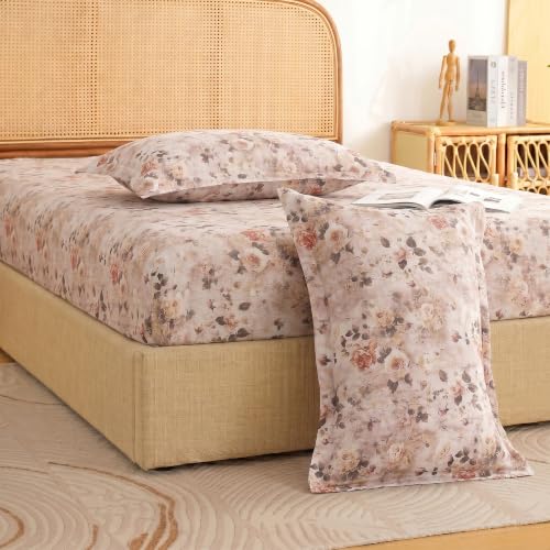 Image of Story@Home King Size Air Cotton Fitted Bedsheet 240 TC Fitted Sheet with 2 Pillow Covers, Soft & Durable Bed Sheet for King Bed (182 x 198 cm, Floral Print, Ivory Rose)