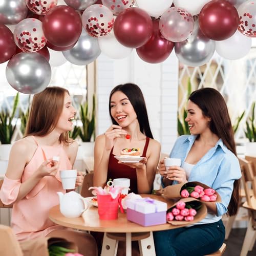 Image of Burgundy Red and Silver Balloons, 60 Packs 12 Inch Wine Red and White Silver Metallic Confetti Balloons with Ribbons for Women Birthday Wedding Bridal Shower Retirement Party Decorations Supplies