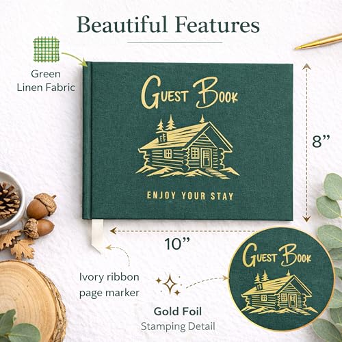 Image of Paper 'n Such Cabin Guest Book for Airbnbs and Vacation Homes- Forest Green Linen Hardcover - Guest Sign in at Short Term Rentals