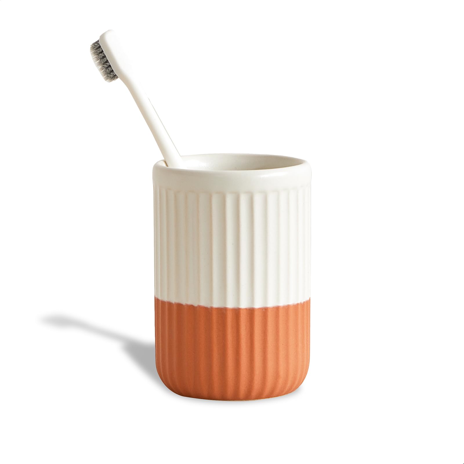 Soporte de cerámica para cepillo de dientes para encimera de baño, vaso de cerámica de dos tonos, soporte cilíndrico ondulado, soporte para bolígrafos, organizador de escritorio, accesorio