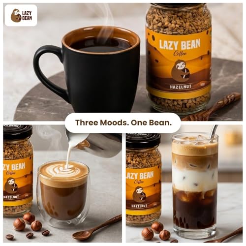 Image of Lazy Bean Hazelnut Flavoured - Premium Instant Coffee Powder 50g (Pack of 2)| Strong Black Coffee, Rich Aroma, Quick-Dissolving Granules | Ready in Seconds for Hot or Iced Brews at Home, Office, Travel