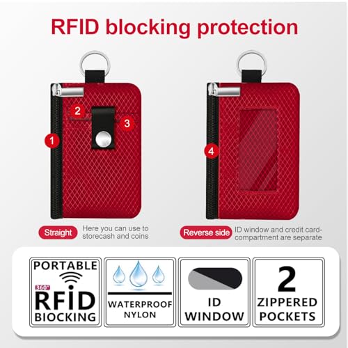 Image of Minimalist RFID Blocking Small Wallet with ID Window,WaterResistant Zip Id Case Wallet with Lanyard Keychain for Cards,Cash,Travel,Women,Men (Red)