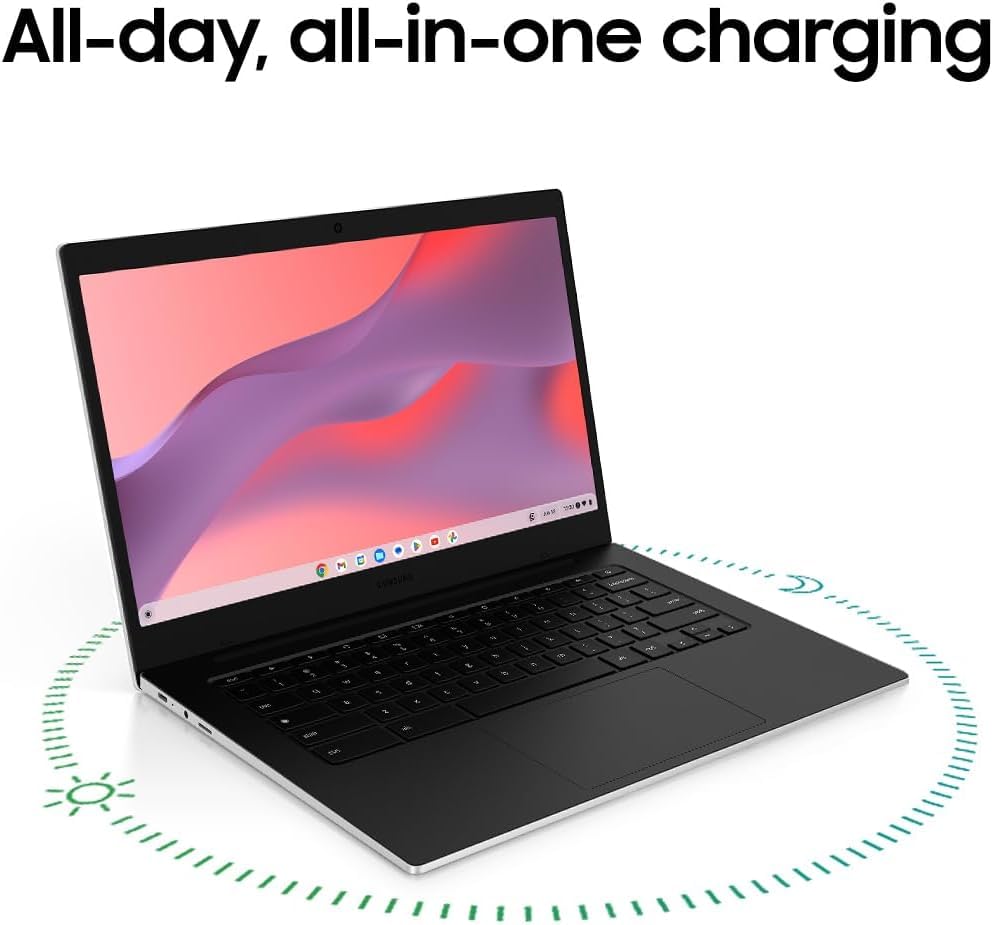 Image of Samsung 14 inch Galaxy Chromebook Go Laptop PC Computer, Intel Celeron N4500 Processor, 4GB RAM, 576GB Storage Space (64GB eMMC + 512GB External Drive), ChromeOS, Student Laptop, Silver