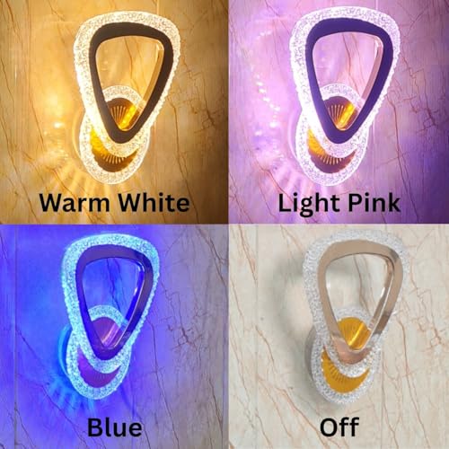 Image of Modern LED Wall Light with 3 Color Modes, Warm White, Blue, Light Pink, Acrylic Crystal Wall Lamp for Bedroom, Living Room, Hall, Golden Finish, Pack of 2,